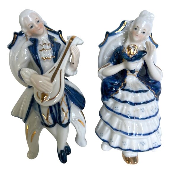 Vtg Porcelain Victorian Couple Sitting Playing Mandolin White Blue & Gold RARE - Picture 12 of 12